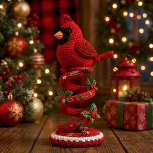 May include: A crocheted red cardinal bird perched atop a red spiral base decorated with green holly leaves and small red berries. The base features a white crocheted trim along the bottom edge, creating a festive, textured holiday ornament.