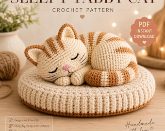 Crochet Sleepy Cat Pattern PDF | Amigurumi Tabby Kitten & Pillow | Advanced Beginner | 8-9in Digital Download
