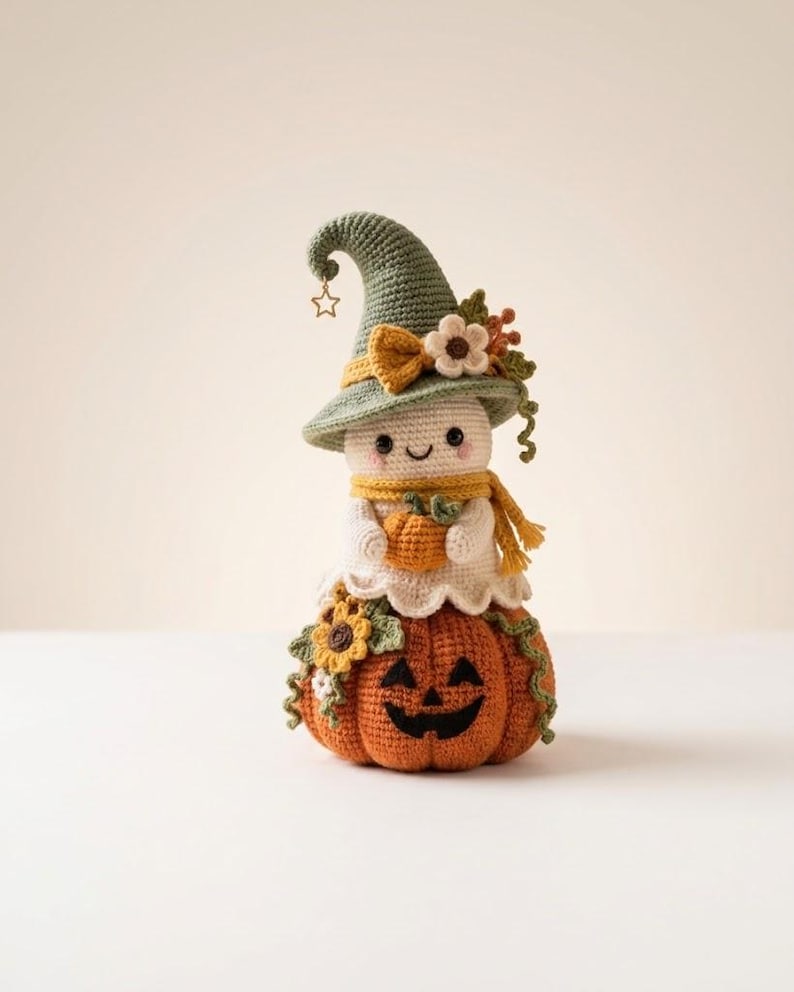 May include: A crocheted ghost figure wearing a sage green pointed hat with a small star charm, a yellow scarf, and holding a tiny orange pumpkin. The ghost sits atop a larger orange crocheted pumpkin with a black jack-o'-lantern face and sunflowers.
