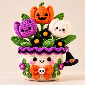 Spooky Blossom Pot Crochet Pattern PDF | Halloween Amigurumi Planter, Kawaii Pumpkin Ghost Bat Tulips | Intermediate | 24 cm Tall
