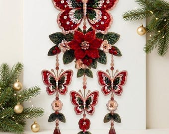 Festive Butterfly & Poinsettia Crochet Garland PDF Pattern | Christmas Ornament, Beaded Hanging Decor | Intermediate | 20-Inch Download