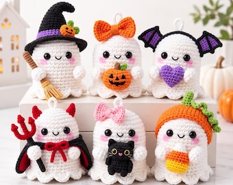 Spooky Cute Ghost Ornament Crochet Pattern PDF | Amigurumi Halloween Ghost Set of 6 | Beginner Intermediate | 4.5 Inch Digital Download