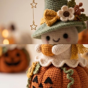 May include: A crocheted figure wearing a sage green pointed hat adorned with a yellow bow, a white flower, and dangling gold star charms. The figure has a white body, a yellow scarf, and holds a small orange pumpkin while sitting on a large orange pumpkin.