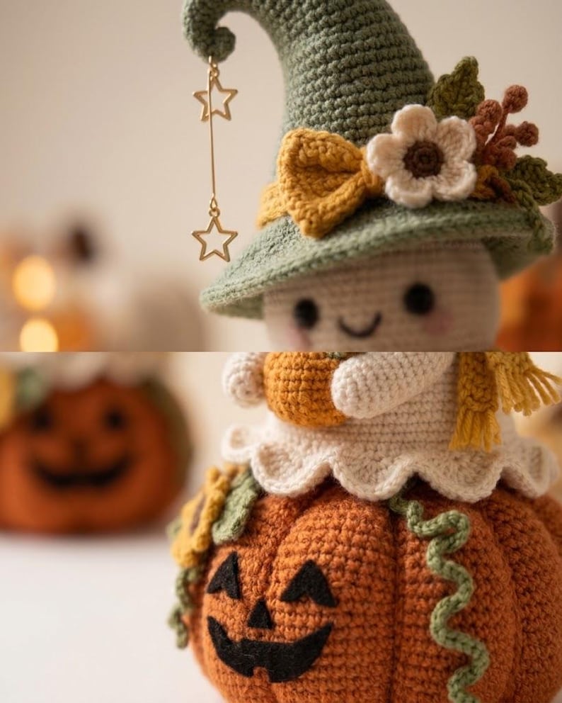 May include: A crocheted figure wearing a sage green pointed hat adorned with a yellow bow, a white flower, and dangling gold star charms. The figure has a white body, a yellow scarf, and holds a small orange pumpkin while sitting on a large orange pumpkin.