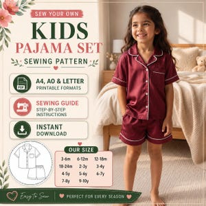 May include: A digital sewing pattern for a kids pajama set featuring a short-sleeve button-down shirt and shorts with white piping. The text reads SEW YOUR OWN KIDS PAJAMA SET SEWING PATTERN, A4, A0 & LETTER PRINTABLE FORMATS, SEWING GUIDE, and INSTANT DOWNLOAD.