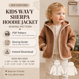 Op de afbeelding: Een digitaal naaipatroon voor een kinderjas met capuchon van golvende sherpa-stof. De tekst luidt SEW YOUR OWN KIDS WAVY SHERPA HOODIE JACKET SEWING PATTERN, PDF Pattern, Sewing Guide, Instant Download, en vermeldt maten van 3-6M tot 9-10Y.
