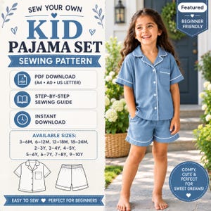 Può includere: Un cartamodello digitale per un set di pigiama per bambini, composto da una camicia a maniche corte con bottoni e pantaloncini con profili bianchi. Il testo include SEW YOUR OWN KID PAJAMA SET SEWING PATTERN e le taglie da 3-6M a 9-10Y.
