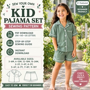 Molde de pijama infantil em PDF, molde de roupa de dormir para bebês e crianças pequenas, molde de pijama para meninos e meninas, tamanhos de 3 meses a 10 anos.