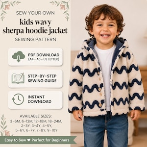 Op de afbeelding: Een naaipatroon voor een golvende sherpa hoodie jas voor kinderen. De tekst luidt SEW YOUR OWN kids wavy sherpa hoodie jacket SEWING PATTERN, PDF DOWNLOAD, STEP-BY-STEP SEWING GUIDE, INSTANT DOWNLOAD, en vermeldt maten van 3-6M tot 9-10Y.