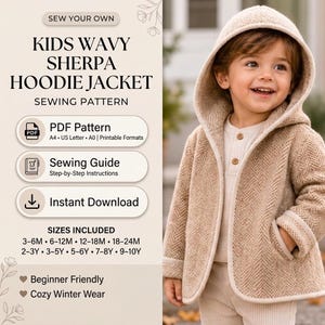 May include: A sewing pattern for a kids wavy sherpa hoodie jacket. The text reads: SEW YOUR OWN KIDS WAVY SHERPA HOODIE JACKET SEWING PATTERN, PDF Pattern, Sewing Guide, Instant Download, SIZES INCLUDED 3-6M to 9-10Y, Beginner Friendly, Cozy Winter Wear.