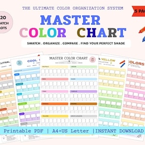 May include: A master color chart organization system featuring 5 pages and 320 swatch slots. The printable PDF includes various color categories like neutrals, greens, reds, blues, pinks, purples, oranges, browns, yellows, and grays and blacks.