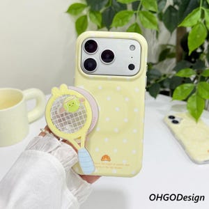 Cute Cream Yellow Polka Dot Tennis Ball MagSafe iPhone Case, Tennis Racket PopSocket, Large Window Cover for iPhone 17 16 15 14 13 Pro Max