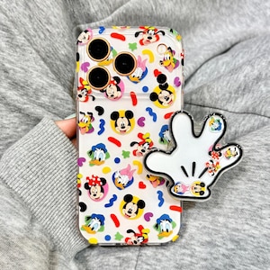 Cute Mickey Friends Confetti MagSafe iPhone Case, Mickey Glove Shaker PopSocket, Gold Rim Large Window Cover for iPhone 17 16 15 Pro Max