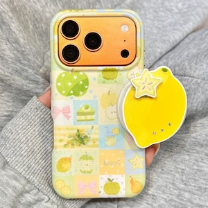 Cute Pastel Fruit Grid MagSafe iPhone Case, Lemon Star Fruit PopSocket, Large Window Shockproof Cover for iPhone  17 16 15 14 13 Pro Max