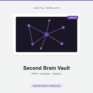 May include: A digital template titled Second Brain Vault for Obsidian. The graphic features a dark purple rectangular box containing a light purple network diagram of connected nodes and lines. Text includes Digital Template, Obsidian, Second Brain Vault, PARA + templates, and Instant Digital Download.