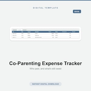 Peut inclure: Un modèle numérique pour un suivi des dépenses de coparentalité sur Excel. La mise en page présente un tableau avec des colonnes pour la date, l'enfant, la catégorie, la description, le montant, le payeur, le pourcentage et le dû. Texte : "DIGITAL TEMPLATE", "EXCEL", "Co-Parenting Expense Tracker", "Who paid, and what's still owed", "INSTANT DIGITAL DOWNLOAD".