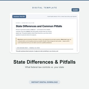 Op de afbeelding: Een digitaal sjabloon getiteld State Differences and Common Pitfalls, met een downloadknop, educatieve tekst over echtscheiding en scheiding, en een sectie over federale versus staatsrecht. Het document is een directe digitale download.