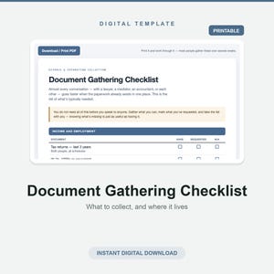 Può includere: Un modello digitale per una lista di controllo per la raccolta di documenti, con un layout stampabile e sezioni per reddito e occupazione. Il documento include intestazioni di testo, caselle di controllo e istruzioni per l'organizzazione.