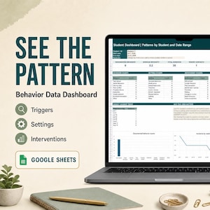 May include: A laptop and tablet displaying a Student Dashboard behavior data tracker in Google Sheets. The screen shows tables, charts, and text labeled See The Pattern, Behavior Data Dashboard, Triggers, Settings, and Interventions.