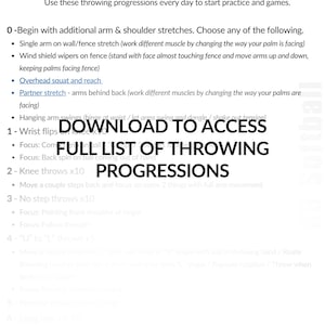 Puede incluir: Un documento blanco titulado THROWING PROGRESSIONS con texto negro que enumera pasos del 0 al 6 para la práctica de sóftbol. El centro de la página presenta texto negro en negrita que dice: DOWNLOAD TO ACCESS FULL LIST OF THROWING PROGRESSIONS.