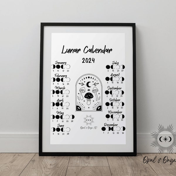 2024 Lunar Calendar, Printable Download, Moon Phase Calendar, Complete Phases of The Moon calendar, Instant Download PDF Printable