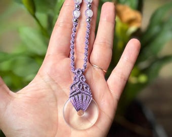 Clear Quartz Donut Necklace • Smoky Quartz Beads • Lavender Macramé Crystal Pendant • Adjustable Boho Necklace • Grounding & Clarity Jewelry