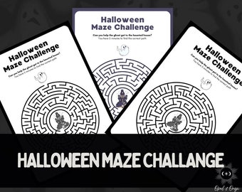 May include: Three black and white Halloween maze challenge printable activity sheets with a ghost and a haunted house. The text on the sheet reads "Halloween Maze Challenge. Can you help the ghost get to the haunted house? You have 5 minutes to find the correct path."