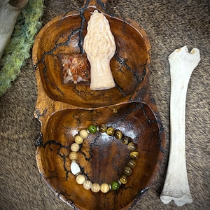 May include: A wooden, two-sectioned bowl with a morel mushroom sculpture, a bracelet with tiger eye beads, and a bone. The bowl has a dark, crackled design. The bracelet includes green and tan beads. The bone is white.