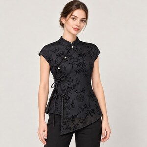 Womens Black Floral Blouse Mandarin Collar Asymmetrical Top Side Tie Shirt Cap Sleeve Elegant Jacquard Style Top