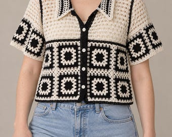 Top corto da donna all'uncinetto, camicia stile nonna con bottoni quadrati, top a maniche corte lavorato a maglia, blusa retrò all'uncinetto, cardigan estivo boho