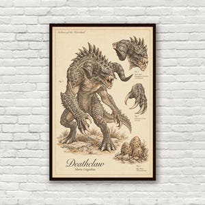 May include: A framed scientific-style print titled Archives of the Wasteland featuring a detailed illustration of a Deathclaw creature. The artwork includes labeled anatomical sketches of the head, claw, and a cluster of three speckled eggs.