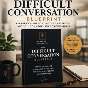 May include: A black workbook titled The Difficult Conversation Blueprint with gold text. The cover features the text A Leader's Guide to Confident, Respectful, and Solutions-Focused Conversations, Volume 01, and the Blueprint Collective logo.