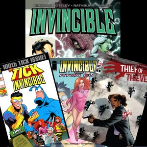May include: A collection of three comic books featuring Invincible, The Tick, and Thief of Thieves. The covers display colourful illustrations of various characters, including a blue hero, a pink-clad figure, and a person holding a handgun.