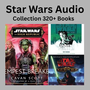 Könnte beinhalten: Eine digitale Sammlung von Star Wars-Hörbüchern mit über 320 Titeln. Die Grafik zeigt drei Buchcover: Star Wars The High Republic Tempest Runner, Star Wars Fate of the Jedi Vortex und Star Wars The Old Republic.
