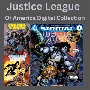 May include: A digital collection of Justice League of America comic books featuring three distinct covers. The artwork displays various characters including Lobo, Batman, and Black Canary in action scenes with bold colors, comic book lettering, and text.