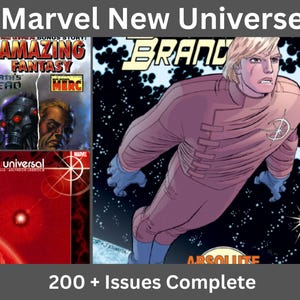Peut inclure: Une collection de bandes dessinées Marvel New Universe présentant des couvertures d'Amazing Fantasy et Newuniversal. L'image montre un personnage en costume rose flottant dans l'espace, à côté d'une figure robotique et d'une scène planétaire rouge.