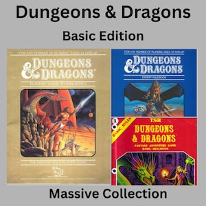 Op de afbeelding: Een verzameling van drie Dungeons & Dragons regelboeken. Het linkerboek is beige met een illustratie van een rode draak. Het boek rechtsboven is blauw met een draak en krijger. Het boek rechtsonder is rood met een groene draak en een figuur.