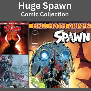 May include: A collection of Spawn comic books featuring the text Huge Spawn Comic Collection. The covers display the character Spawn in various action poses with chains, glowing blue elements, and red capes against dark and fiery backgrounds.