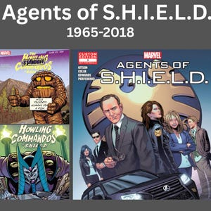 Może przedstawiać: Kolekcja okładek komiksów Marvela przedstawiających Agents of S.H.I.E.L.D. oraz Howling Commandos. Obrazy ukazują różne postacie, w tym brązowe stworzenie przypominające skałę, postać w fioletowym stroju oraz grupę agentów stojących przed samochodem.