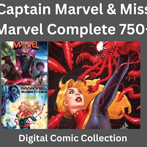 Pode incluir: Uma coleção de banda desenhada digital com Captain Marvel e Miss Marvel, com o texto Captain Marvel & Miss Marvel Complete 750+ e Digital Comic Collection. As ilustrações mostram várias capas de banda desenhada com desenhos coloridos.