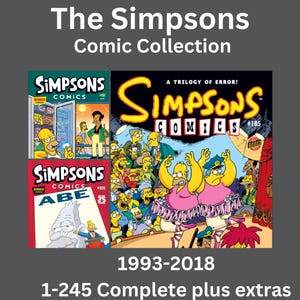 Könnte beinhalten: The Simpsons Comic Collection 1993-2018 1-245 Complete plus extras. Eine Collage aus drei Simpsons Comics Ausgaben, darunter Ausgabe 185 mit Homer im rosa Tutu auf der Bühne, Ausgabe 199 mit Homer in einer Küche und Ausgabe 209 mit Abe Simpson.
