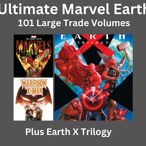 Może przedstawiać: Kolekcja powieści graficznych Marvela zatytułowana Ultimate Marvel Earth 101 Large Trade Volumes Plus Earth X Trilogy. Obraz przedstawia trzy okładki książek z kolorowymi ilustracjami komiksowymi różnych superbohaterów, w tym Thora i Kapitana Ameryki.