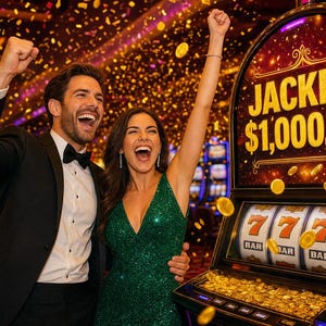 Może przedstawiać: Automat do gier z napisem JACKPOT $1,000,000, trzema siódemkami na bębnach i spadającymi złotymi monetami. Maszyna posiada czarną ramę ze złotymi akcentami oraz cyfrowy ekran wyświetlający kwotę wygranej dużymi, żółtymi literami.
