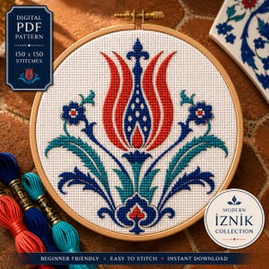 May include: A cross-stitch pattern in a wooden hoop featuring a central red and blue tulip motif with teal leaves on white Aida cloth. The design includes text reading Digital PDF Pattern 150 x 150 stitches and Modern Iznik Collection.
