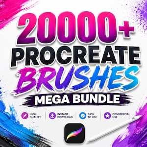 Könnte beinhalten: Eine digitale Grafikwerbung für ein 20000+ Procreate Pinsel-Mega-Bundle. Der Text wird in fetten, farbenfrohen Gradientenbuchstaben vor einem weißen Hintergrund mit Farbspritzern angezeigt. Enthält einen Eingabestift und das Procreate-App-Symbol.