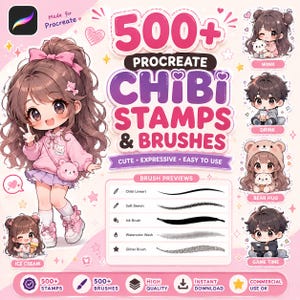 Puede incluir: Una colección digital de 500+ sellos y pinceles Procreate Chibi con una gran ilustración de un personaje en sudadera rosa, varias pegatinas más pequeñas y un panel de vista previa que muestra trazos de línea, boceto, tinta y brillo.