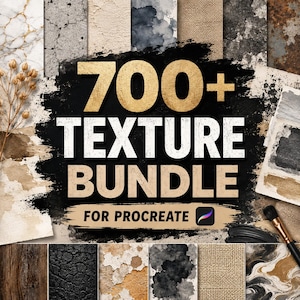 Może przedstawiać: Cyfrowa kolekcja zatytułowana 700+ TEXTURE BUNDLE FOR PROCREATE zawierająca różnorodne wzory wizualne, w tym marmur, spękaną kamień, akwarele, sploty tkanin i słoje drewna ułożone w kolaż z pędzlem malarskim.