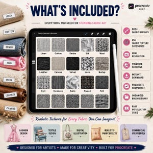 May include: A digital brush set for Procreate featuring 600+ fabric brushes and 25+ texture categories. The interface displays swatches for linen, cotton, denim, silk, wool, leather, canvas, velvet, lace, burlap, knit, corduroy, satin, tweed, and felt.