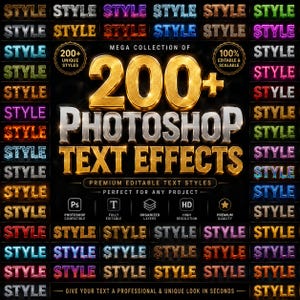 Può includere: Una grafica digitale che presenta il testo 200+ PHOTOSHOP TEXT EFFECTS in grandi lettere 3D dorate e argentate. L'immagine è circondata da una griglia di oltre 200 campioni di testo più piccoli che mostrano vari colori e texture.