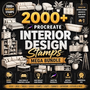 May include: A digital collection of 2000+ Procreate interior design stamps featuring hand-drawn illustrations of furniture, including sofas, beds, chairs, tables, plants, lights, cabinets, and bathroom fixtures on a black background.